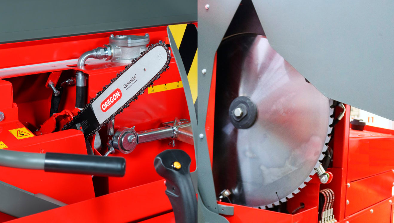 A firewood processor with a chain saw and a firewood processor with a circular saw.